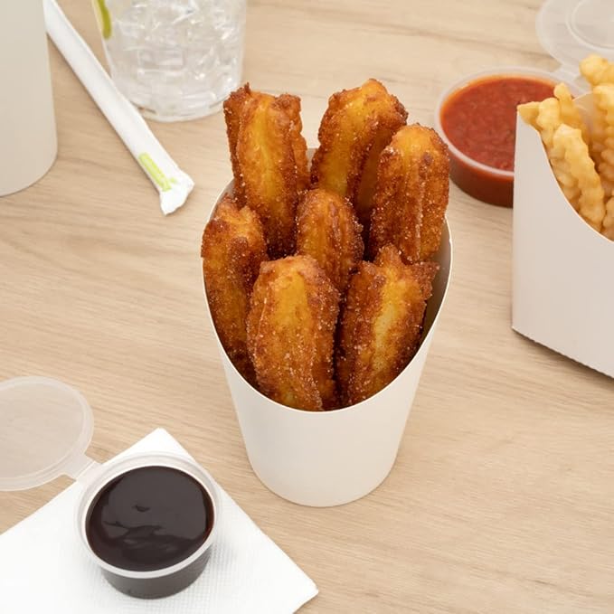 Restaurantware Bio Tek 12 Ounce French Fry Containers 100 Disposable Charcuterie Cups - Incline Design Round White Paper French Fry Cups Stackable For Waffles Chips or Popcorn
