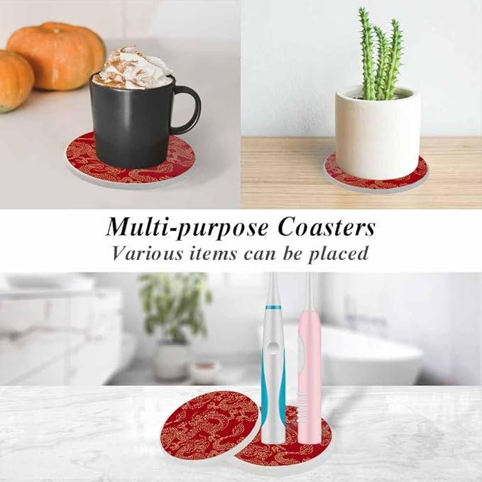 Dragon Ceramic Coasters Chinese Dragons Fighting Gold Outlines on Red Absorbent Drink Coasters Round Ceramic Table Coasters Set Decorative Coffee Cup Beverage Coasters Wine Beer Bar Coasters 2 Pack