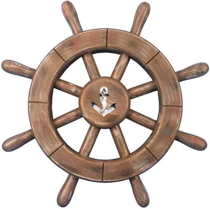 Hampton Nautical Rustic Wood Finish Decorative Ship Wheel with Anchor 12"