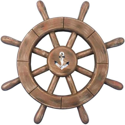 Hampton Nautical Rustic Wood Finish Decorative Ship Wheel with Anchor 12"