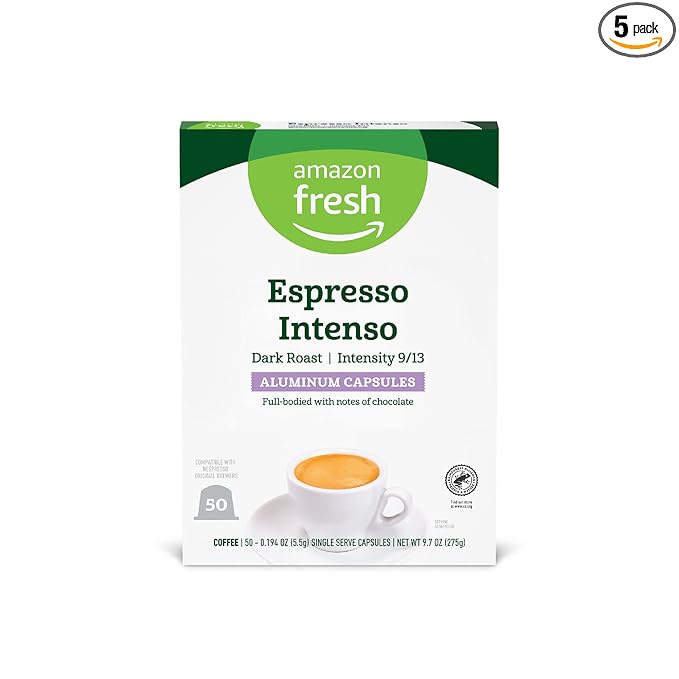 Amazon Fresh Espresso Intenso Dark Roast Aluminum Capsules, Compatible with Nespresso Original Brewers, Intensity 9/13, 50 Count (5 Packs of 10)