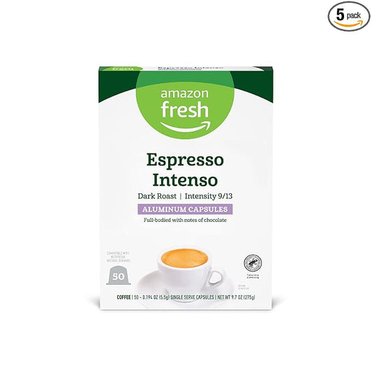 Amazon Fresh Espresso Intenso Dark Roast Aluminum Capsules, Compatible with Nespresso Original Brewers, Intensity 9/13, 50 Count (5 Packs of 10)
