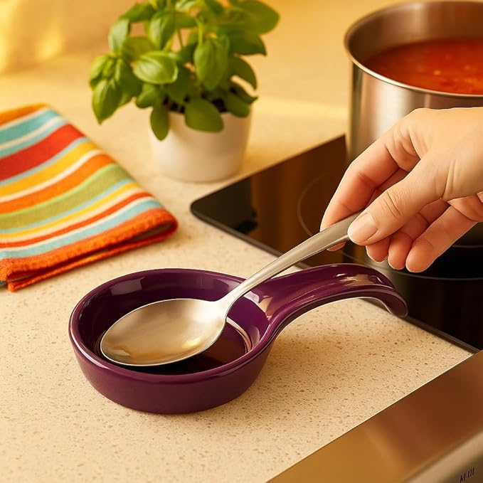 Reston Lloyd Kitchen Counter Utensil Spoon Rest, Ladles, Spaghetti Forks, & Spatulas, Durable BPA-Free Plastic – Dishwasher Safe, Décor, Space Saving Hanging Hole on Handle, Plum