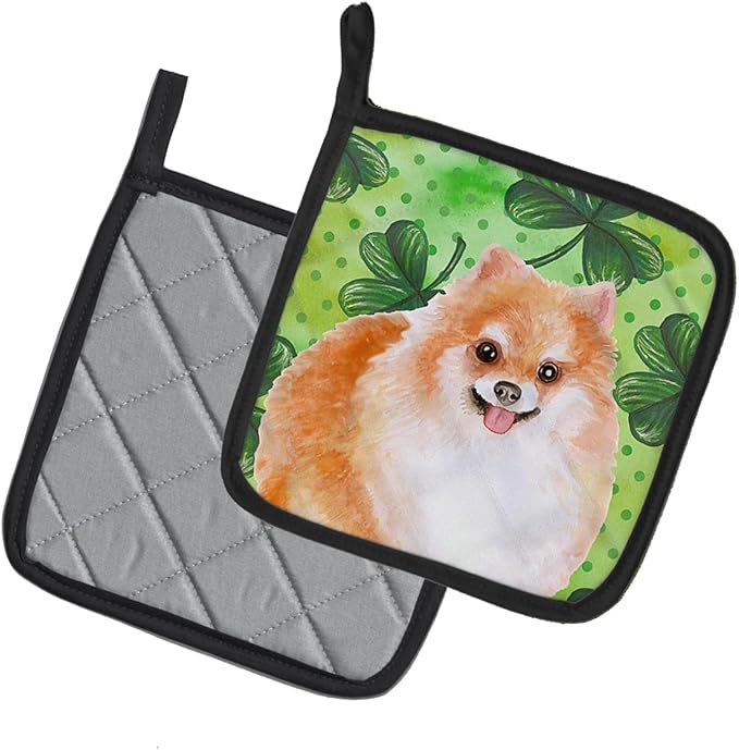 Caroline's Treasures BB9890PTHD Pomeranian #2 St Patrick's Pair of Pot Holders, Green Kitchen Heat Resistant Pot Holders Sets Oven Hot Pads for Cooking Baking BBQ, 7 1/2 x 7 1/2