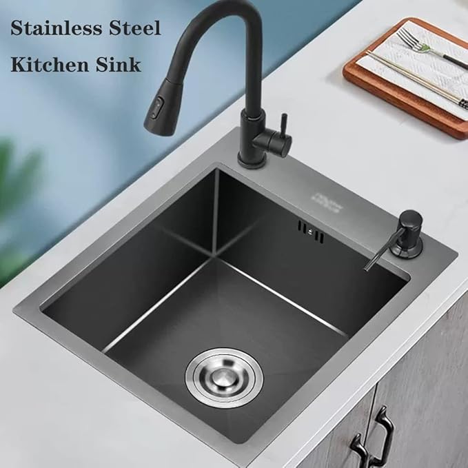 Single Bowl Bar Counter Sink 304 Stainless Steel Single Bowl Sink Mini Space Saving Kitchen Sink Washbasin Home Apartment Built-in Sink (Black 45 * 32 * 21cm)
