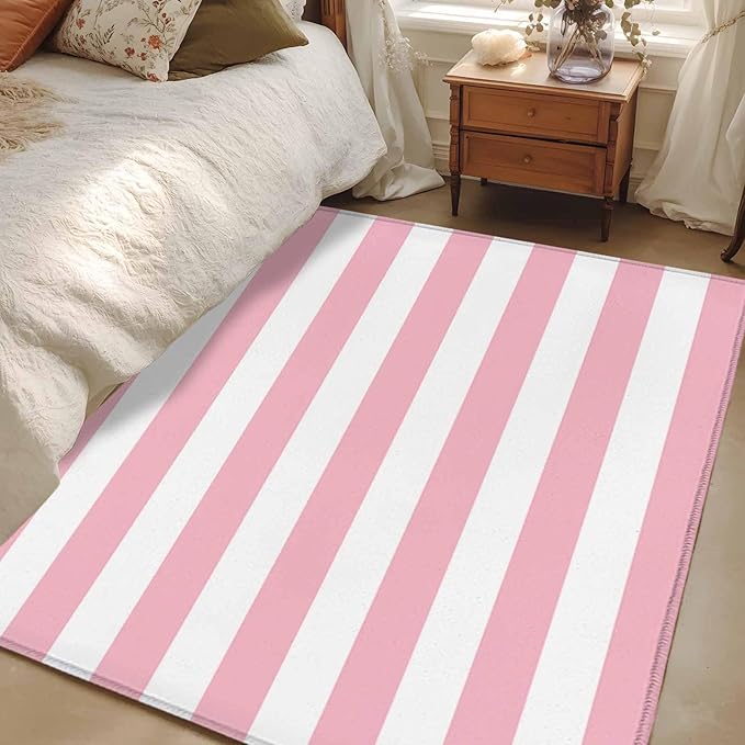 Area Rug 3x5ft, Pink White Stripe Washable Rugs for Living Room Bedroom, Classic Geometric Line Soft Non-Slip Area Rugs Rectangle Floor Carpet for Dining Room