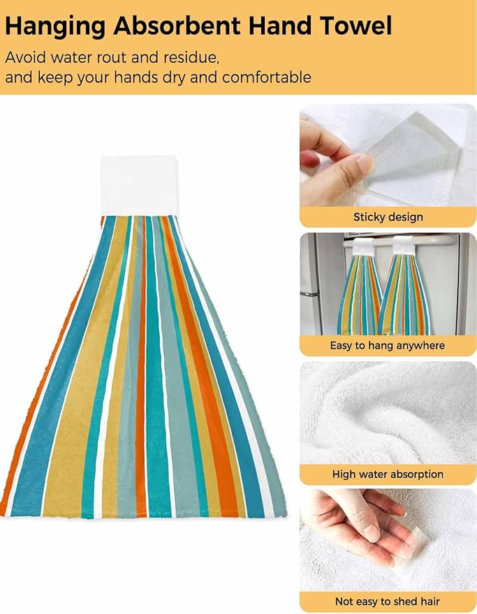 Alandar Home Kitchen Tie Towel Set of 2, Blue Yellow Green Stripes Absorbent Soft Hand Towels for Bathroom Hanging Towels, Colorful Vertical Stripes Fast Drying Cleaning Cloth with Loop