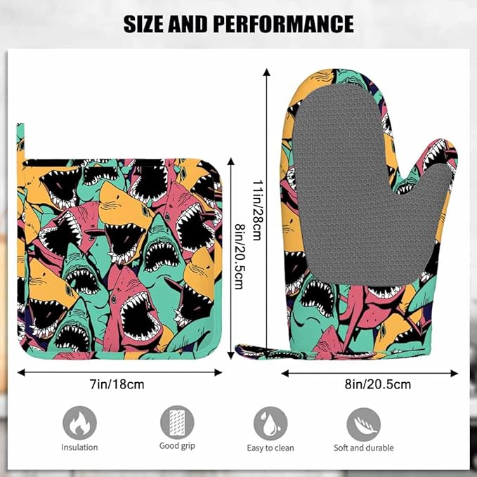 Mxocom Shark Oven Mitts and Pot Holders Sets Sea Ocean Fish Angry Sharks Wide Mouth White Teeth Aqua Silicone Heat Resistant Kitchen Oven Gloves Pot Holder for Cooking