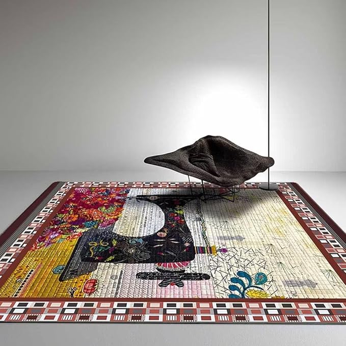 Multicolor Blooming Flowers Area Rug for Hallway Non-Slip Vintage Sewing Machine Themed Rugs Couch Decor Low Pile Embroidery Painting Print Carpet Mats 2'x3'