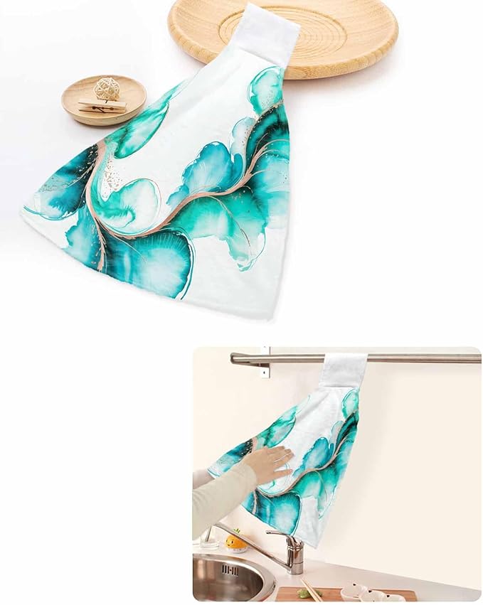 Alandar Home Kitchen Tie Towel Set of 2, Fantasy Ink Abstract Art Absorbent Soft Hand Towels for Bathroom Hanging Towels, Gradient Watercolor Green Fast Drying Cleaning Cloth with Loop
