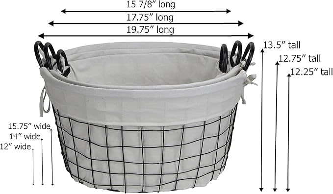 Set of 3 Lined Metal Wire Oval Basket with Handle