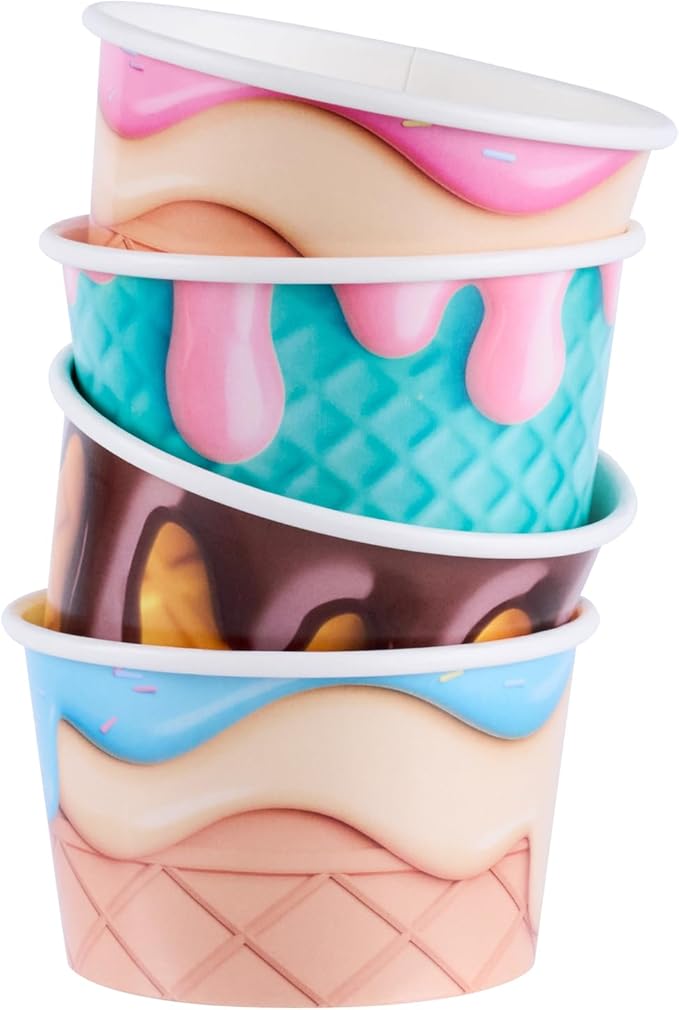 Restaurantware Paper Cups 200 Count 8 Ounce Square Disposable Ice Cream Containers, Leak-Resistant Paper Dessert To Go Cups, Hot And Cold Food, Durable Assorted Cone Design