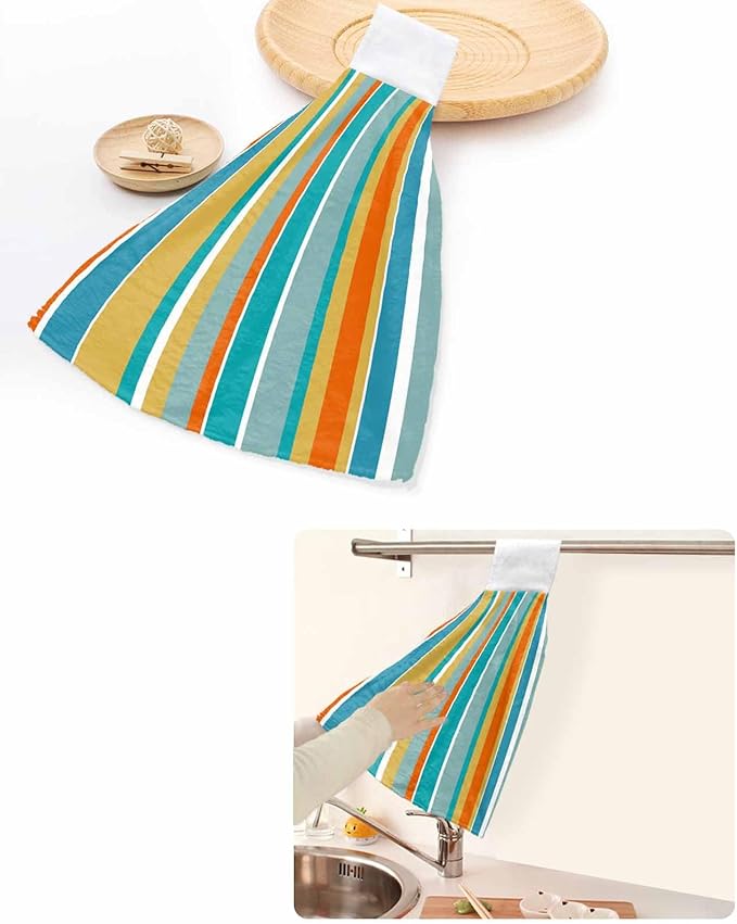 Alandar Home Kitchen Tie Towel Set of 2, Blue Yellow Green Stripes Absorbent Soft Hand Towels for Bathroom Hanging Towels, Colorful Vertical Stripes Fast Drying Cleaning Cloth with Loop
