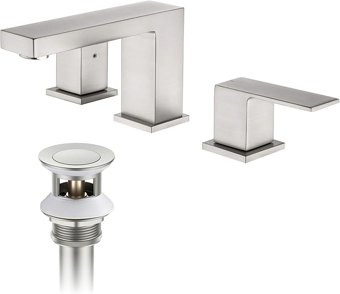 KIBI 2-Handle Cube Bathroom Sink Faucet with Drain Assembly | 3-Hole Installation, Solid Brass Construction | 8-Inch Widespread Lavatory Faucet | Brushed Nickel, KBF1024