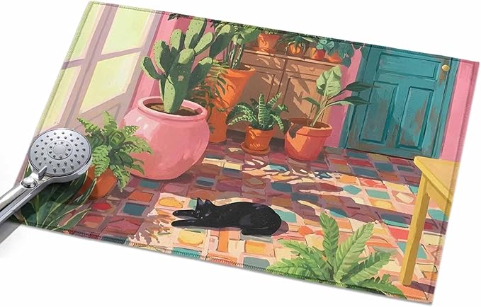 Area Rug 2x3ft, Sleeping Cat Pink Sunlit Room Washable Rugs for Living Room Bedroom, Potted Plants Soft Non-Slip Area Rugs Rectangle Floor Carpet for Dining Room