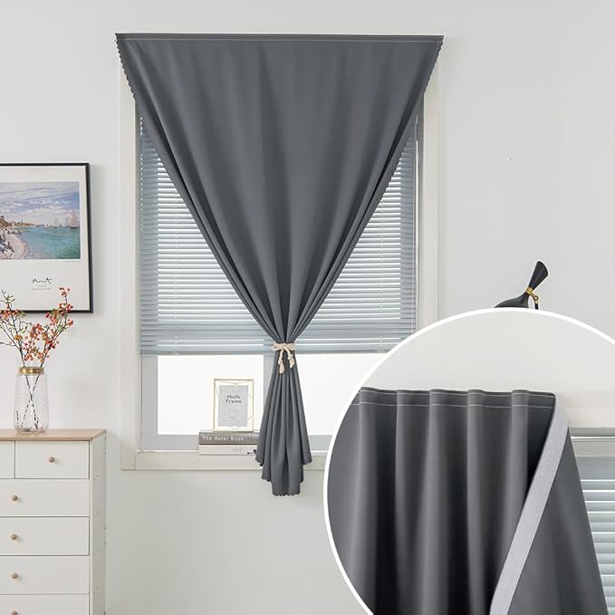 Magic Tape Blackout Curtains for Bedroom No Drillng Self Adhesive Curtains No Rod Small Window, 47" W X 96" L, Grey, 1 Panel