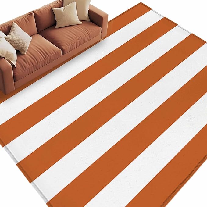 Area Rug 6x9ft, Farmhouse Classic Stripes Washable Rugs for Living Room Bedroom, Orange White Soft Non-Slip Area Rugs Rectangle Floor Carpet for Dining Room