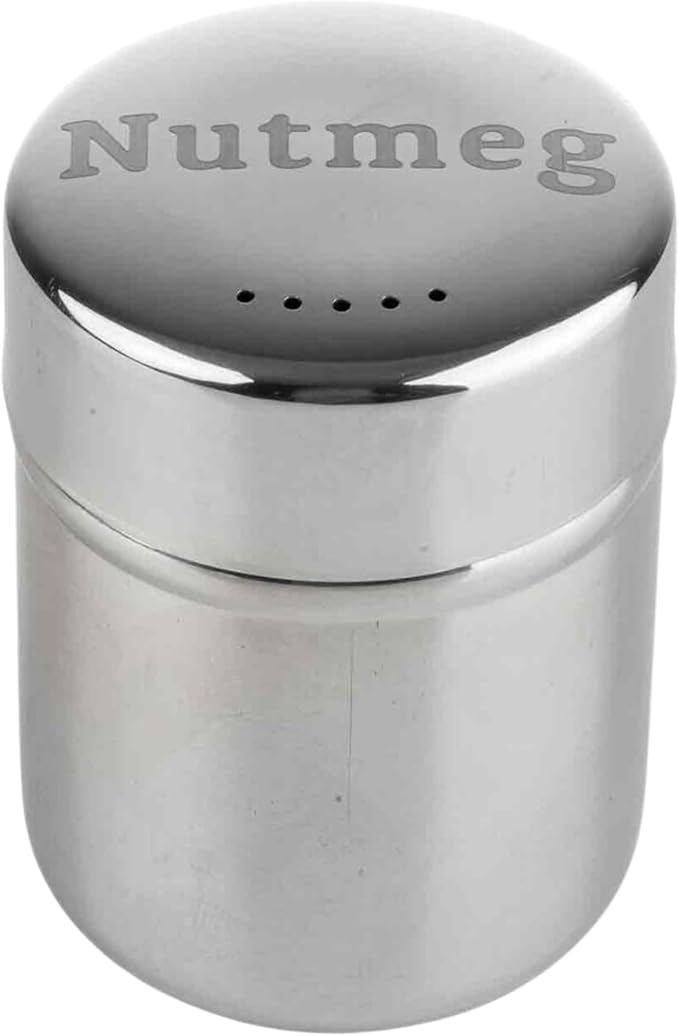 TableCraft 11052 Dredge Shaker, Stainless Steel 6 oz Coffee and Baking Spice Jar with Storage Cap, Mirror Finish, Nutmeg Engraved Lid Label, Ideal for Kitchen and Beverage Bar Use