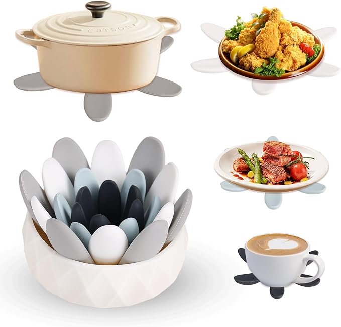 Silicone Succulent Cup Coasters Set of 4, Colorful Trivet Mats, Hot Pads for Pots Pans, Foldable Heat Resistant Coasters with Holder, Multipurpose Kitchen Table Protection (Grey White Navy Blue Blue)