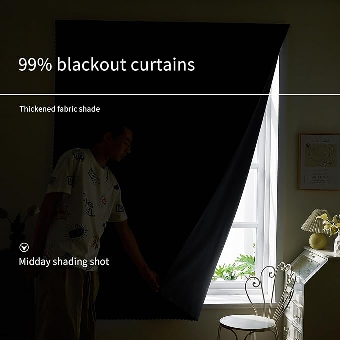 AJAZZ self Adhesive Portable 100% Blackout Curtains Simple and Easy to installBedroom Window Thermal Lnsulated Kitchen Room Darkening Black Small Drapes 1-Pack