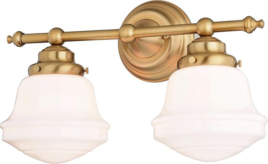VAXCEL Huntley 2-Light 16 inch Wide Natural Brass Gold Farmhouse Bathroom Vanity Lighting Fixture, White Schoolhouse Milk Glass Globe Shade, Dimmable, LED Compatible, Over The Mirror Wall Mounted