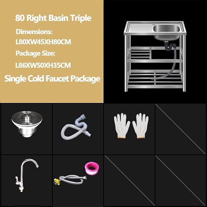 Single Bowl Stainless Steel Sink,Commercial Restaurant Kitchen Sink Drainer Kitchen Restaurant Storage Shelf with Faucet Combo with Strainer for Laundry Garage Commercial Indoor Outdoor
