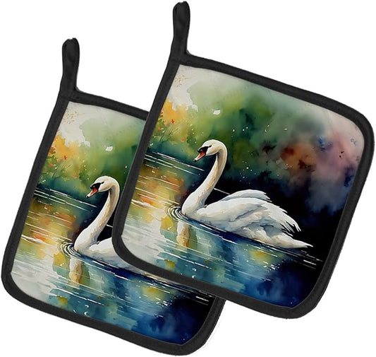 Caroline's Treasures Swan Pair of Pot Holders Kitchen Heat Resistant Pot Holders Sets Oven Hot Pads for Cooking Baking BBQ, 7 1/2 x 7 1/2