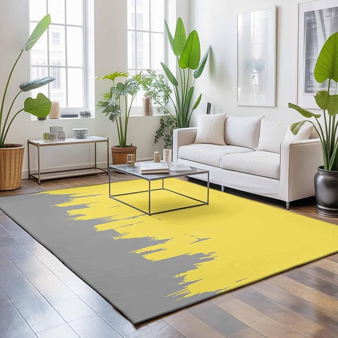Area Rug 8x10ft, Abstract Yellow Grey Graffiti Washable Rugs for Living Room Bedroom, Oil Painting Artwork Soft Non-Slip Area Rugs Rectangle Floor Carpet for Dining Room