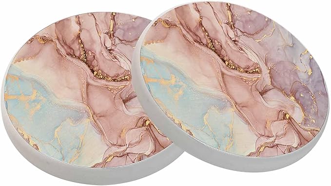 Marble Coasters - Abstract Pink Golden Waves Pattern - Absorbent Drink Coasters Set of 2 for Coffee Table, Cup, Bar