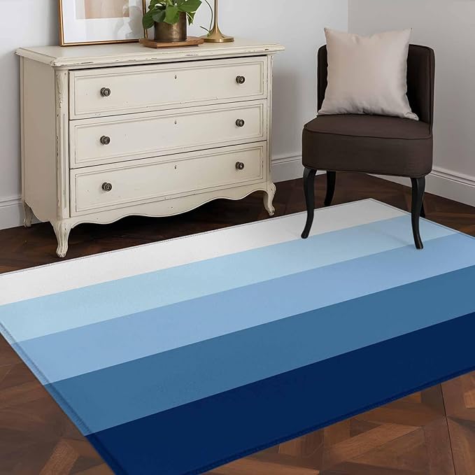 Area Rug 4x6ft, Minimalist Blue White Ombre Stripe Washable Rugs for Living Room Bedroom, Modern Gradient Art Soft Non-Slip Area Rugs Rectangle Floor Carpet for Dining Room