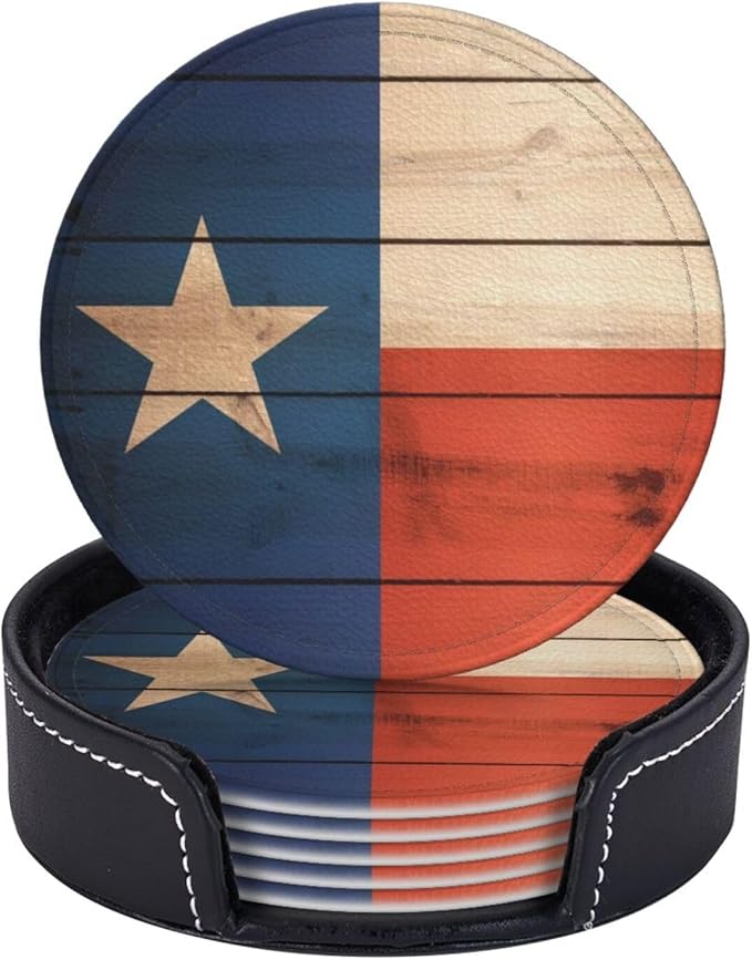 Wood Texas Flag Leather Drinks Coasters with Holder, Set of 6, Suitable for Various Cups