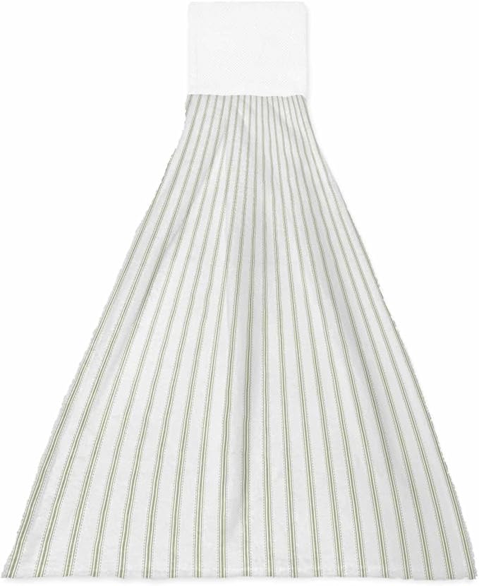 Alandar Home Kitchen Tie Towel Set of 1, Sage Green Striped on White Art Absorbent Soft Hand Towels for Bathroom Hanging Towels, Minimalist Modern Texture Fast Drying Cleaning Cloth with Loop