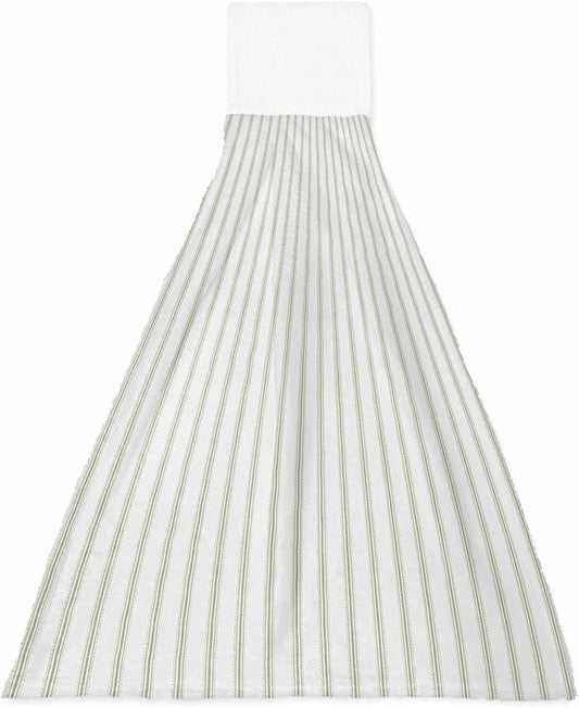 Alandar Home Kitchen Tie Towel Set of 1, Sage Green Striped on White Art Absorbent Soft Hand Towels for Bathroom Hanging Towels, Minimalist Modern Texture Fast Drying Cleaning Cloth with Loop