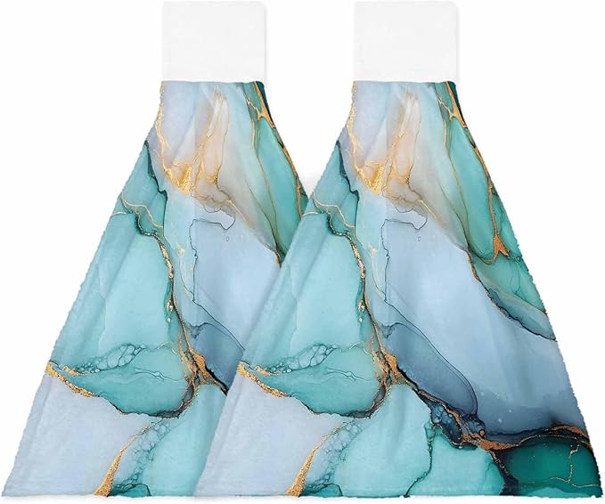 Alandar Home Kitchen Tie Towel Set of 2, Teal Green Turquoise Gold Marble Texture Absorbent Soft Hand Towels for Bathroom Hanging Towels, Abstract Modern Art Fast Drying Cleaning Cloth with Loop