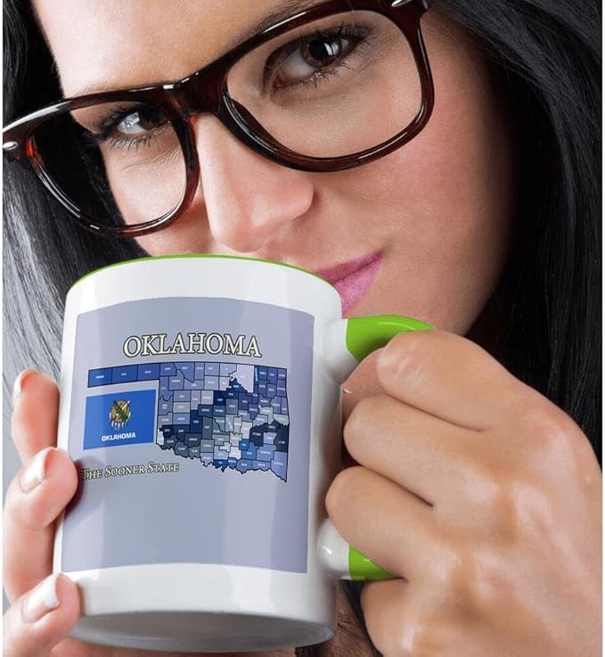 3dRose Map, flag and nickname of Oklahoma, all counties colored and labeled 11oz Two-Tone Green Mug