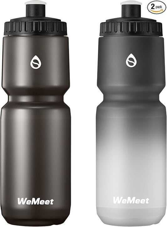 WEMEET 32oz Bike Sport Water Bottle, BPA Free, 2-Pack Leak Proof Cycling Squeeze Water Bottle with Capacity Scale, for Mountain Biking, Camping, Gym (Black & Black White)