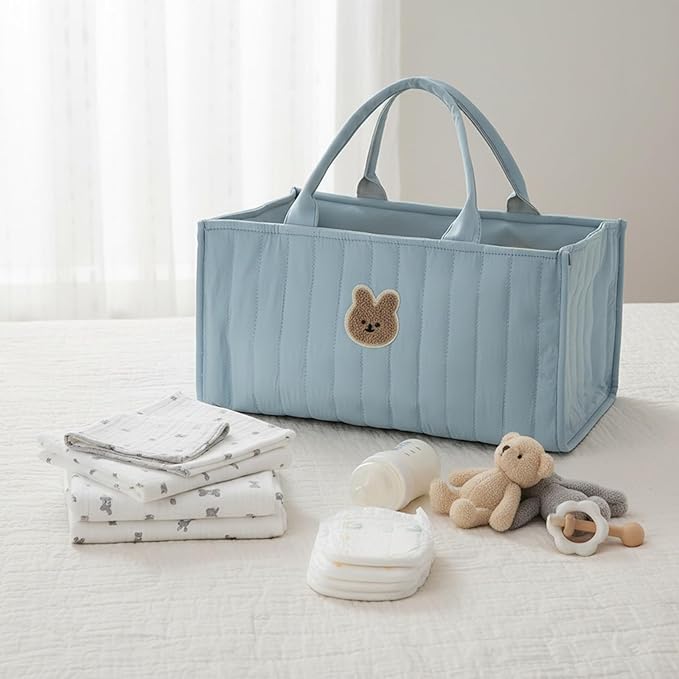 Quilted Fabric Storage Basket Floral Baby Diaper Caddy Quilted Basket for Nursery Bedroom Car Storage (L- Blue Bear)