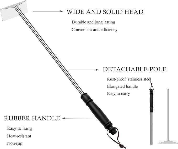 Grilliance Charcoal Grill Ash Rake Hoe for Fireplace Wood Stove Pizza Oven, Stainless Steel BBQ Cleaner Poker Scraper, Elongated Cleaning Tool Accessories for Smoker, Ceramic, Kamado, Vision Grills