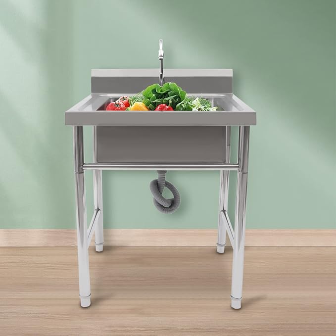Garden Sink Single Trough, Stainless Steel Utility Prep Skin 1/2 Bowl W Drainboard Storage Shelve And Faucet, Kitchen Sink For Restaurant, Bar, Laundry, Garage, Backyard