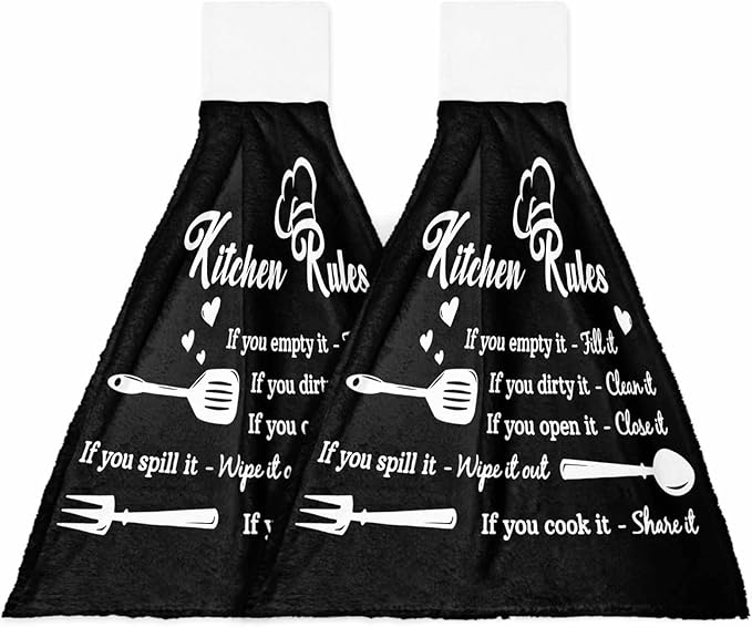 Alandar Home Kitchen Tie Towel Set of 2, Kitchen Rules Black and White Absorbent Soft Hand Towels for Bathroom Hanging Towels, Kitchens Utensils Appliances Fast Drying Cleaning Cloth with Loop