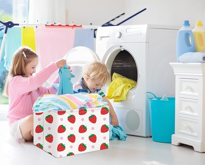 NTAOHAMPER Rectangular Storage Basket Empty, Storage Bin with Handles, Room Decor, Gift Basket, Book Box(Strawberry)