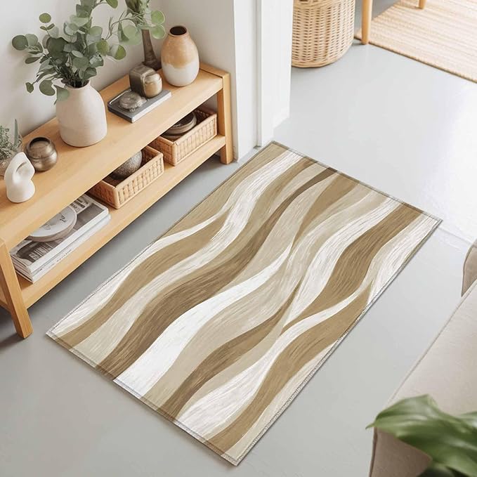 Area Rug 2x3ft, Modern Brown Ombre Ocean Wave Washable Rugs for Living Room Bedroom, Abstract Gradient Stripe Soft Non-Slip Area Rugs Rectangle Floor Carpet for Dining Room