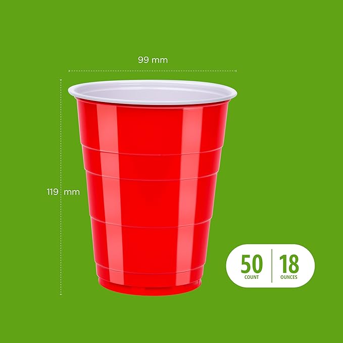 Amazon Basics Sturdy Disposable Plastic Party Cups for Cold Drinks, Red, 18oz, 50 Count, BPA-Free