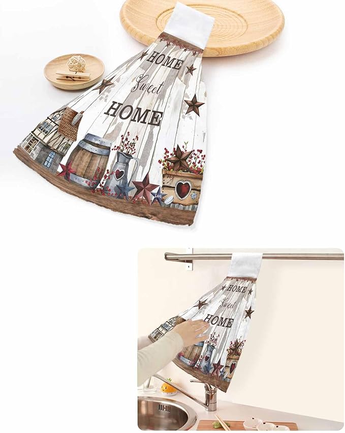 Alandar Home Kitchen Tie Towel Set of 2, Farm Cabin Retro Country Star Absorbent Soft Hand Towels for Bathroom Hanging Towels, Barrel Berry on Wood Grain Fast Drying Cleaning Cloth with Loop