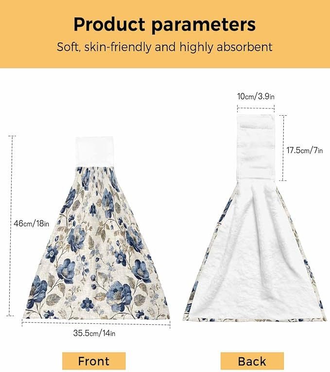 Alandar Home Kitchen Tie Towel Set of 1, Vintage Blue Blossom Flower Art Absorbent Soft Hand Towels for Bathroom Hanging Towels, Floral Leaves on Burlap Fast Drying Cleaning Cloth with Loop