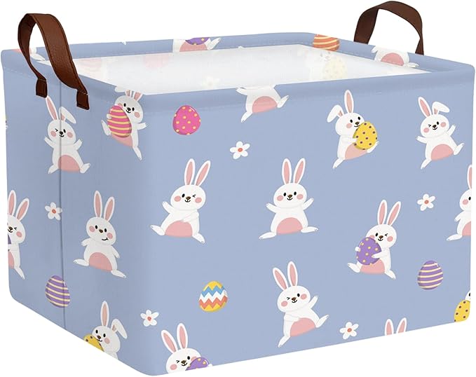 Kid Large Empty Easter Basket Gift Personalized Fabric Bunny Easter Basket for Boy and Girl Room Decor Storage Bin (Cute Rabbit Holding Easter Egg)