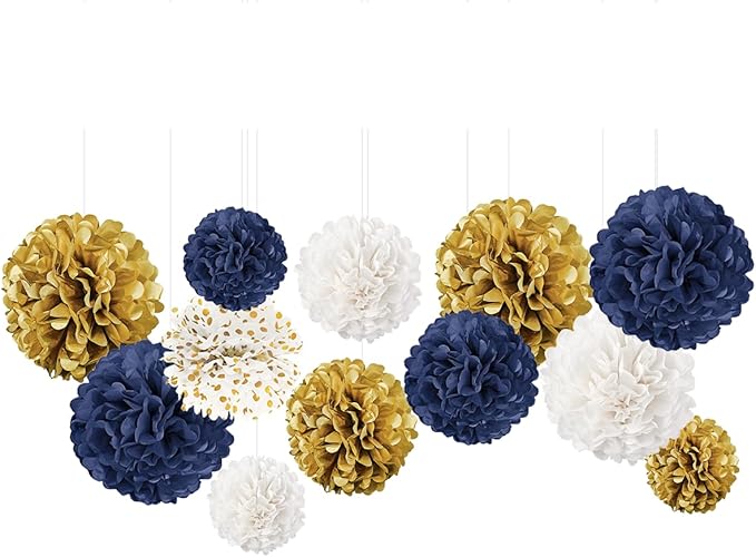 NICROLANDEE Wedding Party Decorations - 12 PCS Navy Blue and Gold Tissue Paper Pom Poms for Colleage Graduation, Baby&Bridal Shower, Birthday, Bachelorette Party, Engagement Party, Anniversary Party
