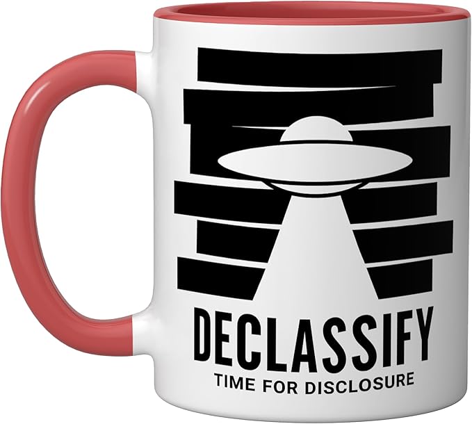UFO Declassify Disclosure Government Secrets Flying Saucer Ceramic Mug, Red/White