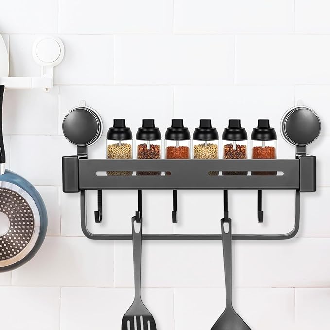 GLEAVI Suction Cup Kitchen Shelf Rack Gray Wall-mount Spice Rack Organizer with Hooks for Pantry Storage and Kitchen Sink Organization