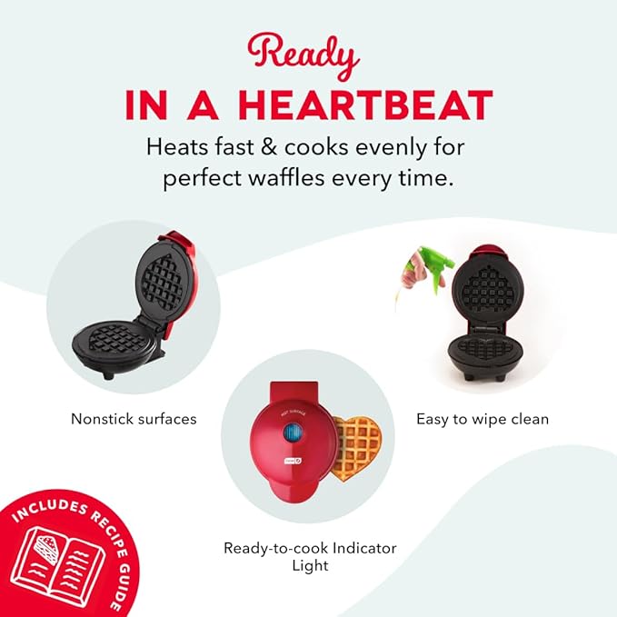 Dash Mini Waffle Maker- Mini Machine for Creative Homemade Treats - Nonstick Iron with Unique Print Design - Stylish Waffle Machine - Red Heart